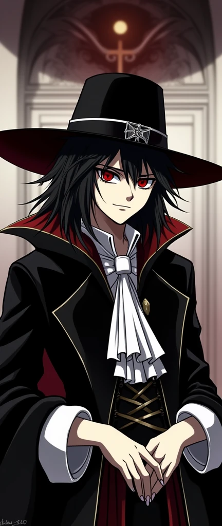 Alucard from the Hellsing series wears a black robe and his clothes are mostly black with very little white, he wears noble clothes, the iris of his eyes is red with vertical pupils.