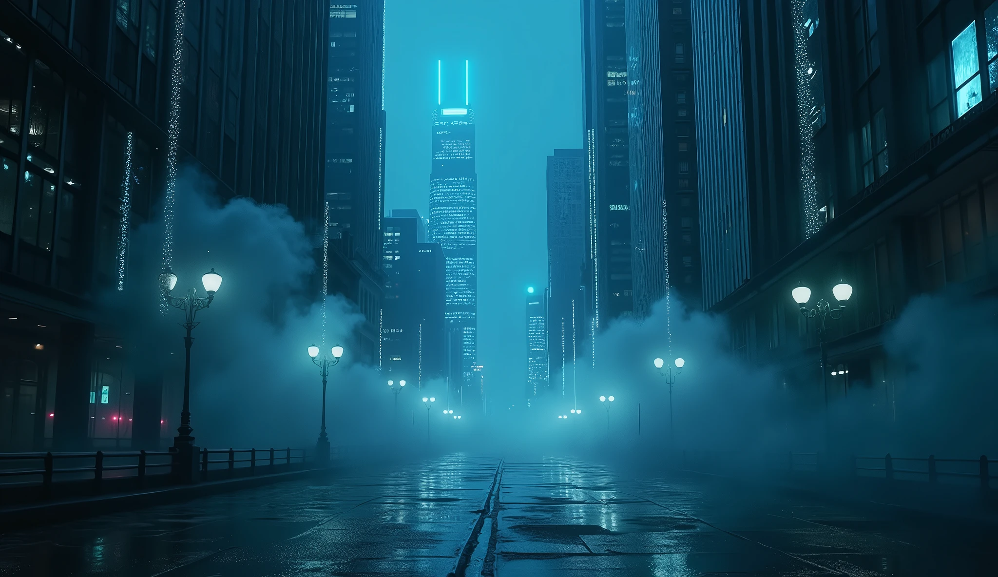 Gray city, deserted streets, night skyscrapers with sparkling blue LED lights. Lighting: Gray tones with dim neon lights. Effects: Smoke and blue light running along the buildings. Special: Stifling and quiet atmosphere,