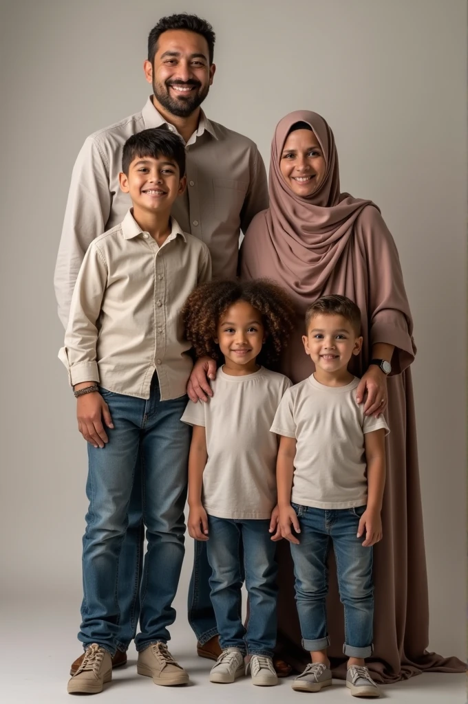 Studio photo with tall, tall father aged 38 years, mother wearing a headscarf aged 39 years, daughter wearing a  headscarf aged , son aged 7 year.  sged 5 years with curly hair