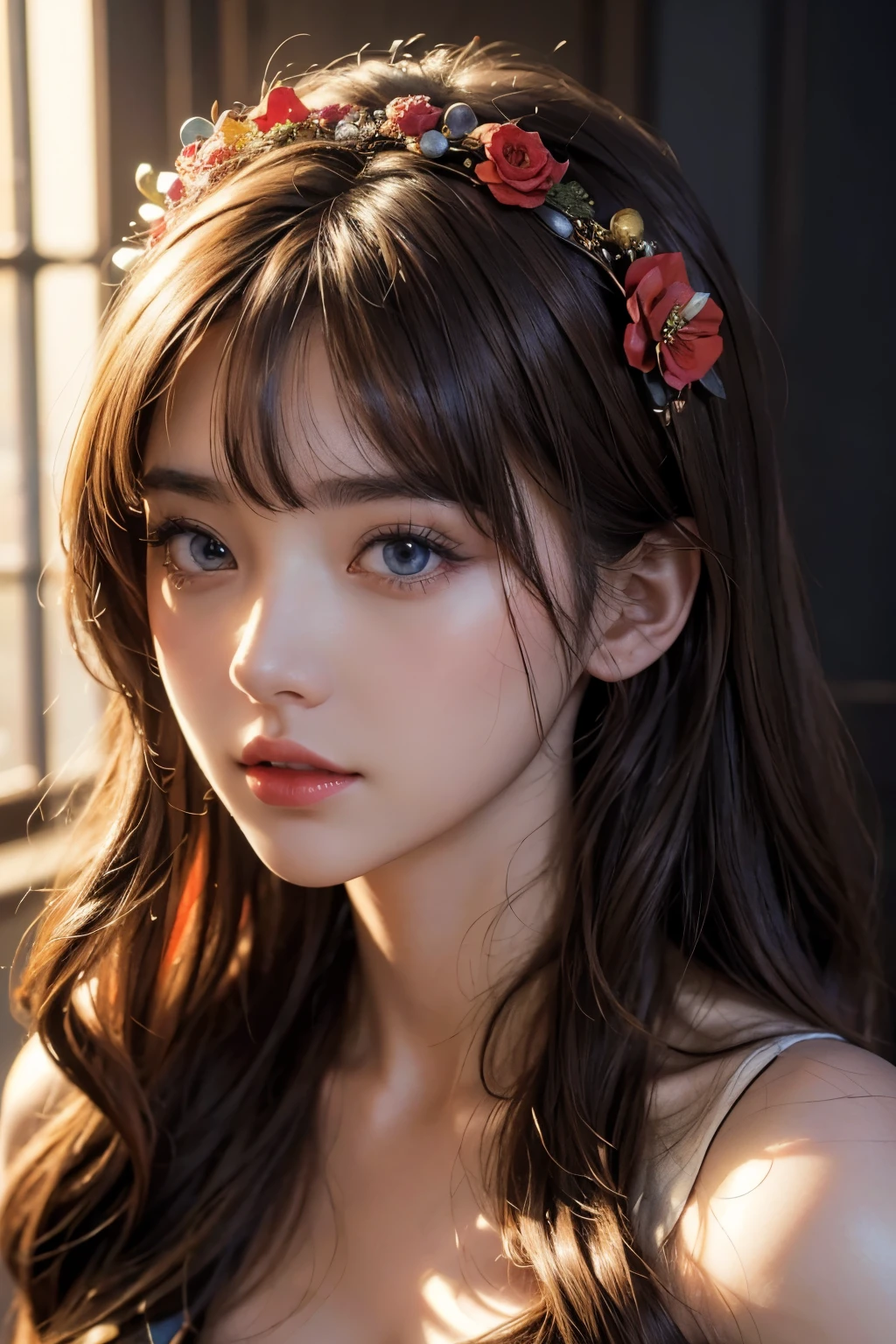 (best quality,4k,8k,highres,masterpiece:1.2),ultra-detailed,(realistic,photorealistic,photo-realistic:1.37),1girl,beautiful anime girl,wearing a red dress,flower crown,pretty face,detailed face,beautiful eyes,detailed eyes,dark red eyes,bright red lips,red lipstick,beautiful stylish hair,highlights in hair,bangs anime style,vibrant,detailed illustration,anime,studio lighting,professional,vivid colors