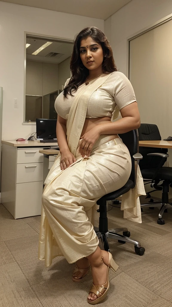 Photo taken from distance, wide shot, South Indian plus sized 2 bride wearing cream colour saree wearing, sitting on a chair, in a office room