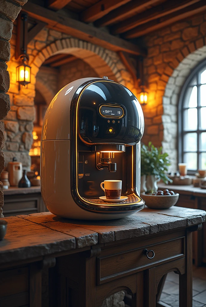“High-resolution, ultra-detailed illustration of a futuristic coffee maker shaped like a coffee bean, placed in a medieval-style coffee shop. The coffee maker features sleek, metallic surfaces with glowing interfaces, blending modern technology with the rustic charm of medieval architecture. Wooden beams, stone walls, and old-fashioned lanterns surround the high-tech coffee machine, creating a striking contrast. Warm, ambient lighting illuminates the scene, highlighting the intricate details of both the coffee maker and the medieval setting.”