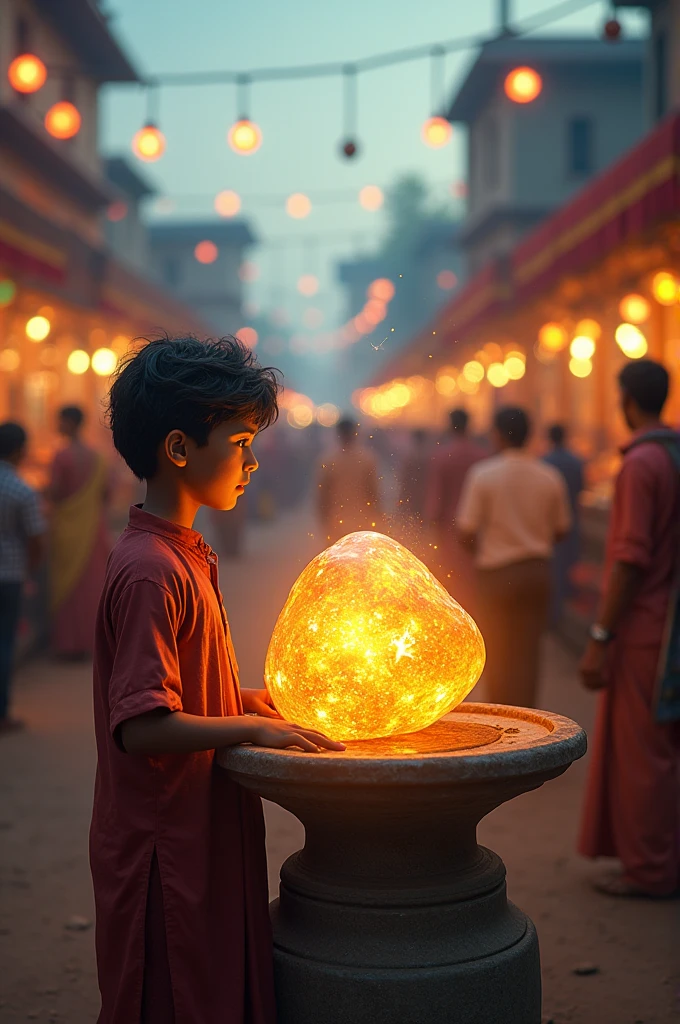 One day, a big fair was held in the village. Deepak went to the fair and saw a magical stone there. This stone had the power to fulfill any wish, but there was a condition: he had to pass a difficult test to get it. Deepak thought, ‘I don’t need this stone, why should I work hard?’**