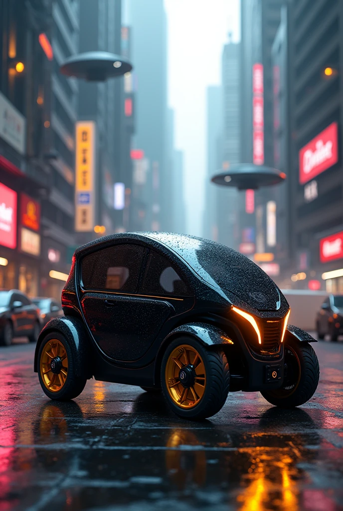 Mini cuper. in cyberpunk city in black colour with alloy wheels in golden colour