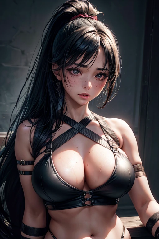Kaori, Single model, solo, half Asian, half Latino, very long straight black hair, high ponytail, freckles, blushing, wet eyes, long chain pendant, very large heavy breasts, chubby, belly, stretchmarks, (best quality,4k,8k,highres,masterpiece:1.2),ultra-detailed,(realistic,photorealistic,photo-realistic:1.37),detailed portrait, cinematic lighting, natural skin texture, intricate details, dramatic colors, moody atmosphere, heavy eye shadow, mascara, (bondage harness :1.2), red fitted tank top, camouflage leggings