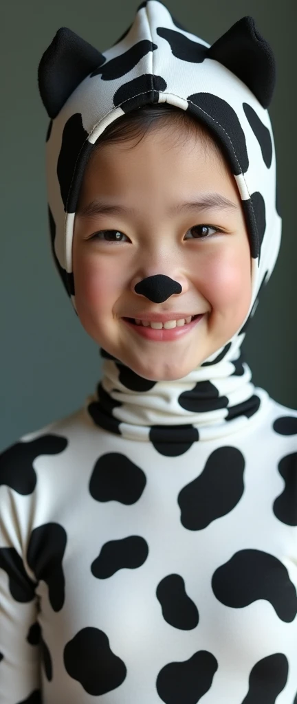 The beautiful Chinese asian adult girl with beautiful cheeks wears cow lycra turtleneck unitard catsuit covered with spots and cow lycra elastane stretchy dancewear inner hijab-like hood covered with spots.She is happy.She always put fake animal nose that are made of black makeup marker pen.