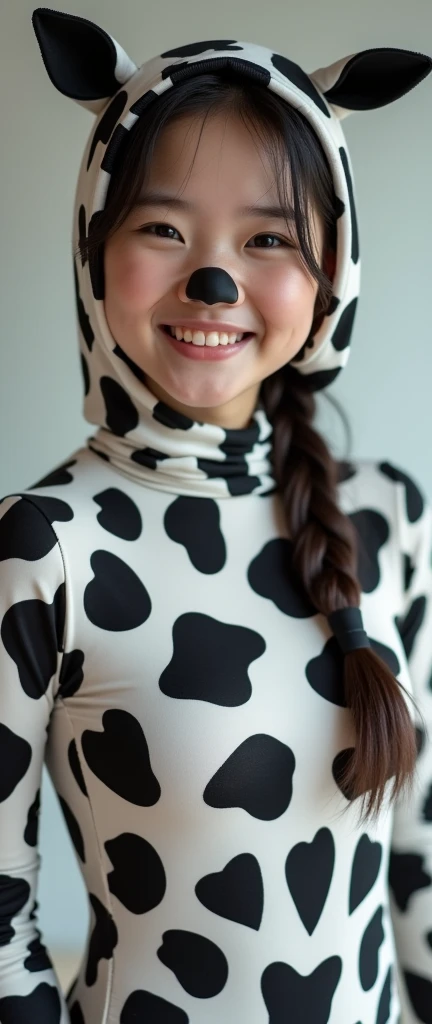 The beautiful Chinese asian adult girl with beautiful cheeks wears cow lycra turtleneck unitard catsuit covered with spots and cow lycra elastane stretchy dancewear inner hijab-like hood covered with spots.She is happy.She always put fake animal nose that are made of black makeup marker pen.