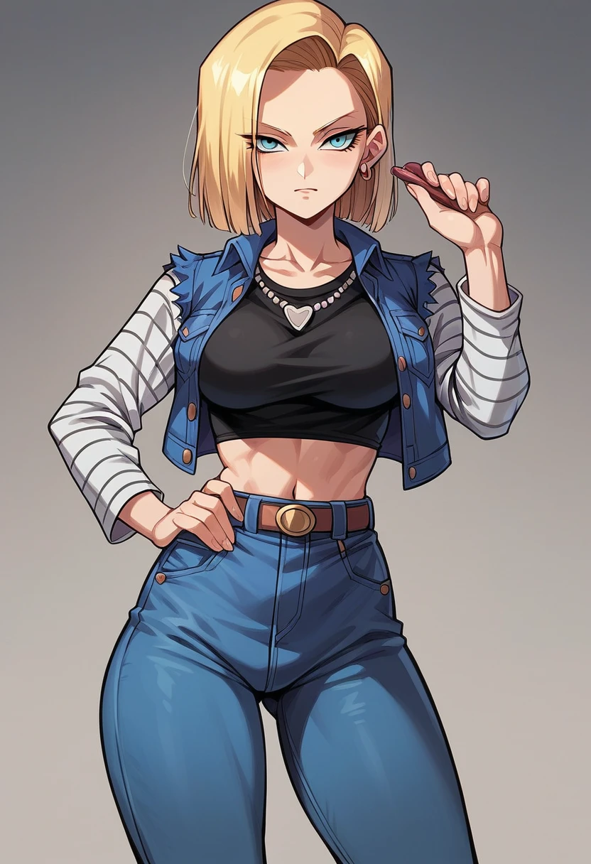 (masterpiece) (best quality) (detailed) (8k) (sharp focus), 1 female, android 18, sexy waist