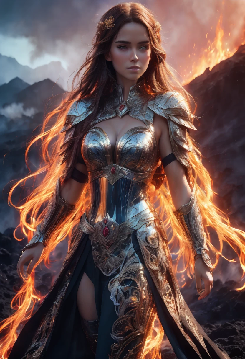 4K anime style quality, digital drawing mode, fantasy-themed anime female character, fire ree hair flowing around her shoulders, blue eyes glowing with magic, wearing a regal fire armor with ruby and metallic accent, standing in a volcanic landscape with flowing molten lava, black dust falling around her, radiant skin, calm and serene expression, full body, dynamic pose, life size, perfect anatomy, detailed skin texture, full HD, 4K, HDR, perfect anatomy, depth of field.