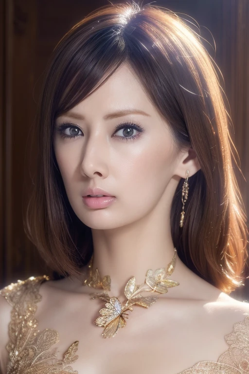 Portrait of a beautiful cyborg with 8k brown hair, intricate, elegant, highly detailed, majestic, digital photography, art by artgerm and Ruan Jia and Greg Rutkowski, surreal painting, golden butterfly filigree, broken glass, (masterpiece, side light, delicate beautiful eyes: 1.2), Human Development Report