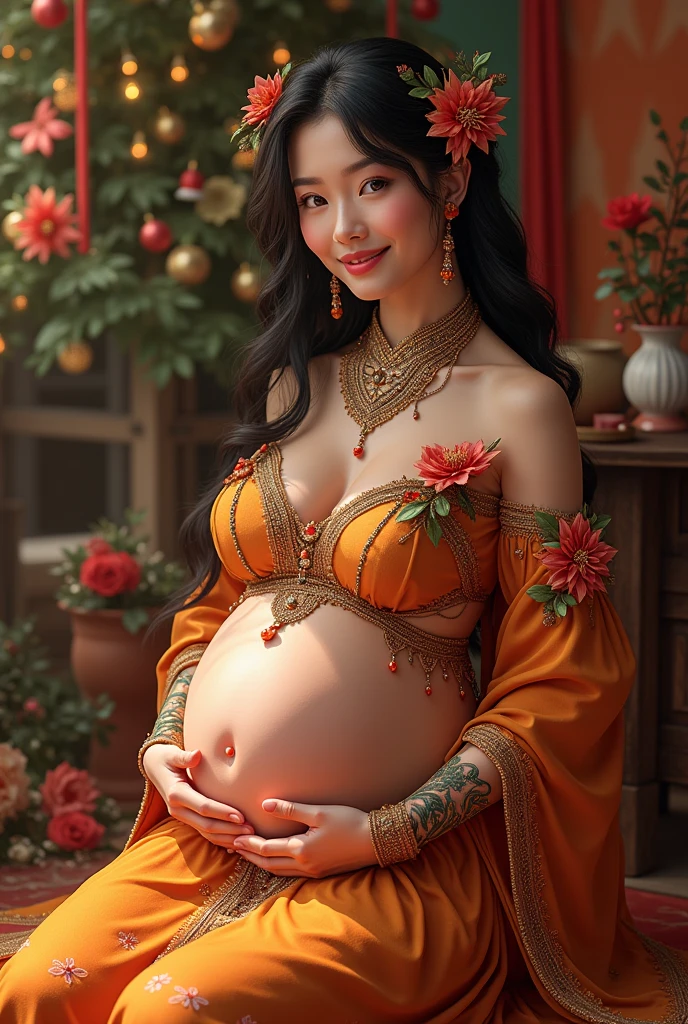 Delia Ketchum, round outside navel, eyes symmetry, face symmetry, HDR, bold and rich colors, intricate embellishments, and festive accessories for a celebratory look, HDR, pregnant belly , slim waist, sitting 