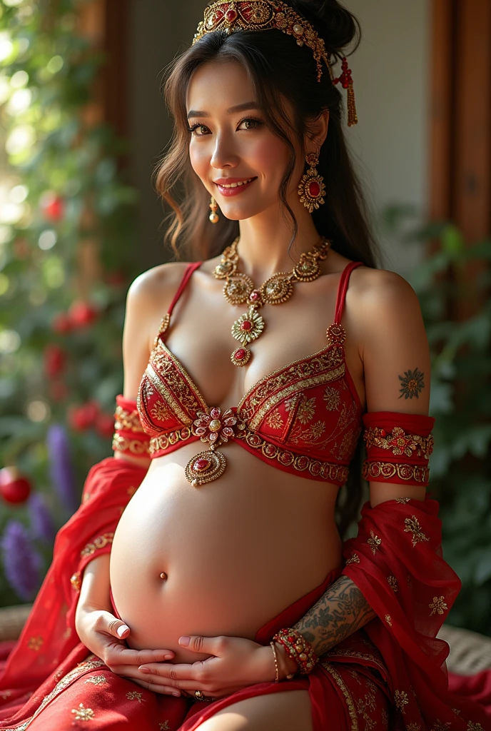 Delia Ketchum, round outside navel, eyes symmetry, face symmetry, HDR, bold and rich colors, intricate embellishments, and festive accessories for a celebratory look, HDR, pregnant belly , slim waist, sitting 