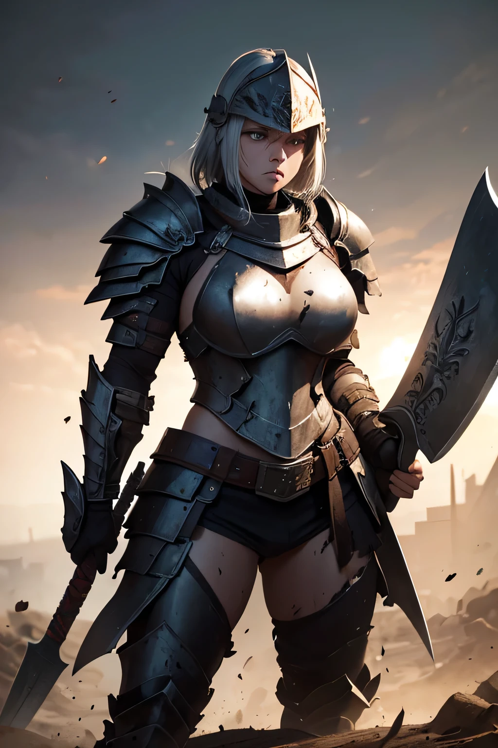 A muscular female heavy-armored warrior in scratched and blood-splattered plate armor, full helmet covered in dirt, wielding a massive axe, sweat dripping, intense gaze