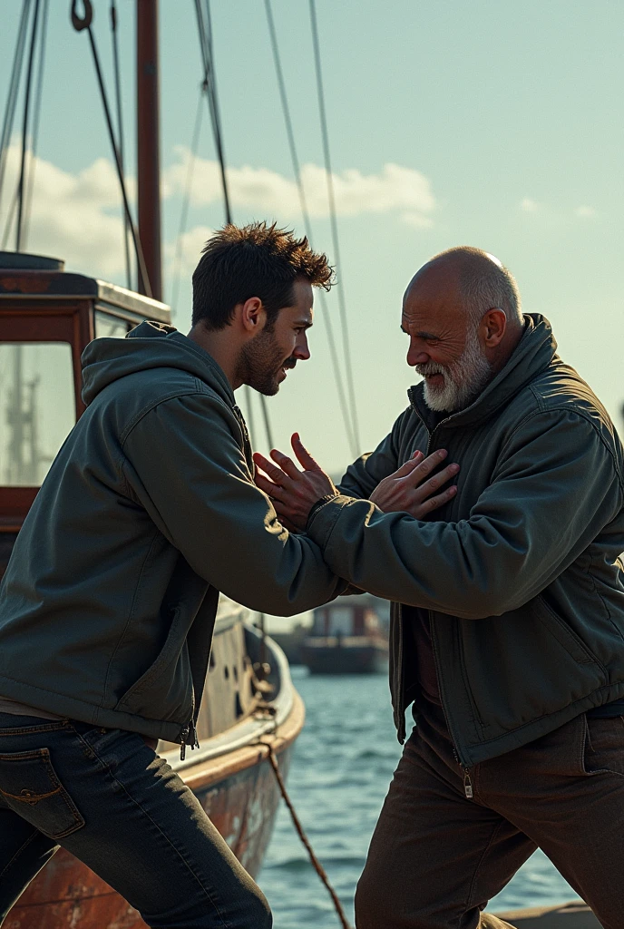 A young man tries to steal a boat from a bald fisherman.