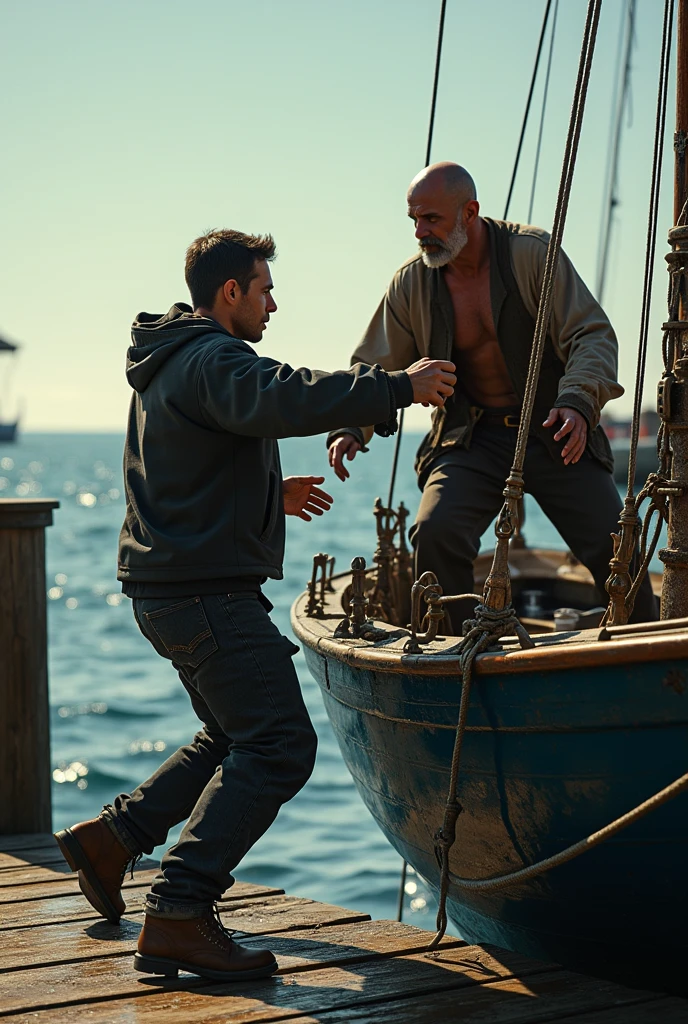 A young man tries to steal a boat from a bald fisherman.