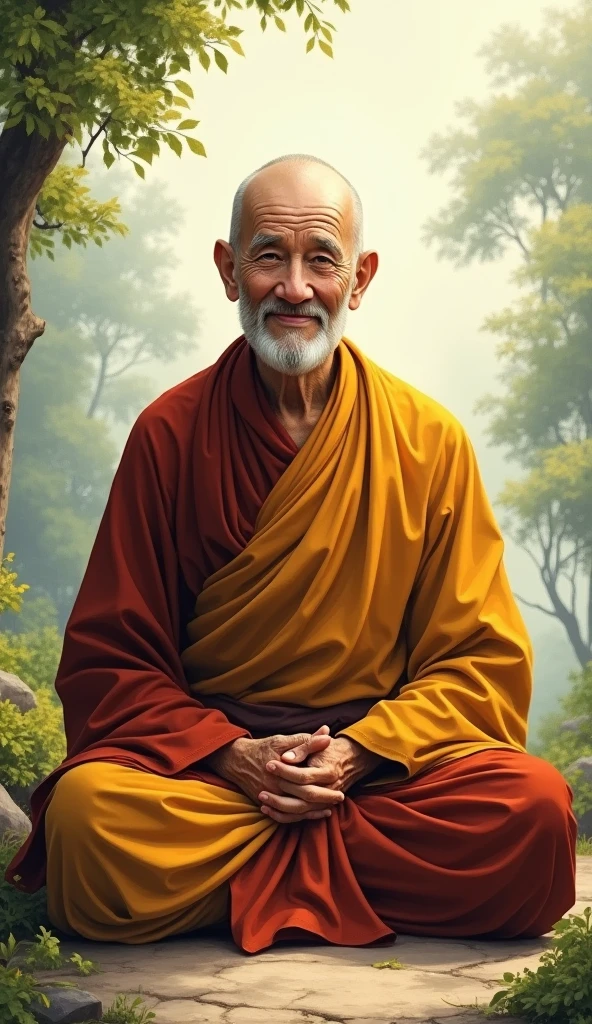 An elderly Buddhist monk with a calm and serene demeanor, dressed in traditional robes. The monk has kind, wise eyes and a gentle smile that exudes peace and understanding. He is often seen sitting cross-legged, either in meditation