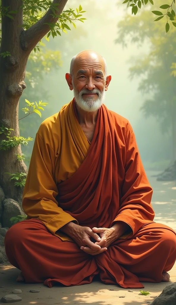 An elderly Buddhist monk with a calm and serene demeanor, dressed in traditional robes. The monk has kind, wise eyes and a gentle smile that exudes peace and understanding. He is often seen sitting cross-legged, either in meditation