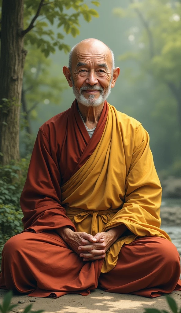 An elderly Buddhist monk with a calm and serene demeanor, dressed in traditional robes. The monk has kind, wise eyes and a gentle smile that exudes peace and understanding. He is often seen sitting cross-legged, either in meditation