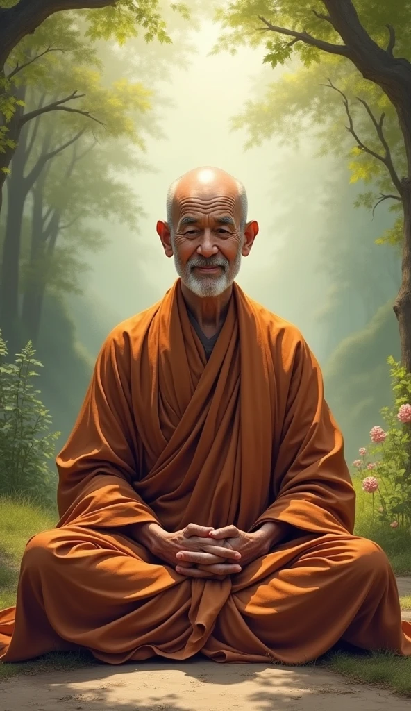 An elderly Buddhist monk with a calm and serene demeanor, dressed in traditional robes. The monk has kind, wise eyes and a gentle smile that exudes peace and understanding. He is often seen sitting cross-legged, either in meditation