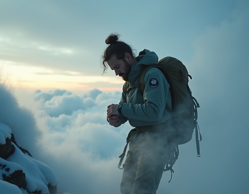 In the style of real movies,Climber looking down at watch(close up),Sky with clouds in the background, Walking on the clouds and mist, Iceland photography, Combat and adventure photography, Max Reeve, Iceland, Unsplash contest winning photos, Cross the mountains, pexels contest winners, At sunrise, sci-fi of Iceland landscape, author:Anna Heifesch, Iceland landscape photography, Travelers from afar