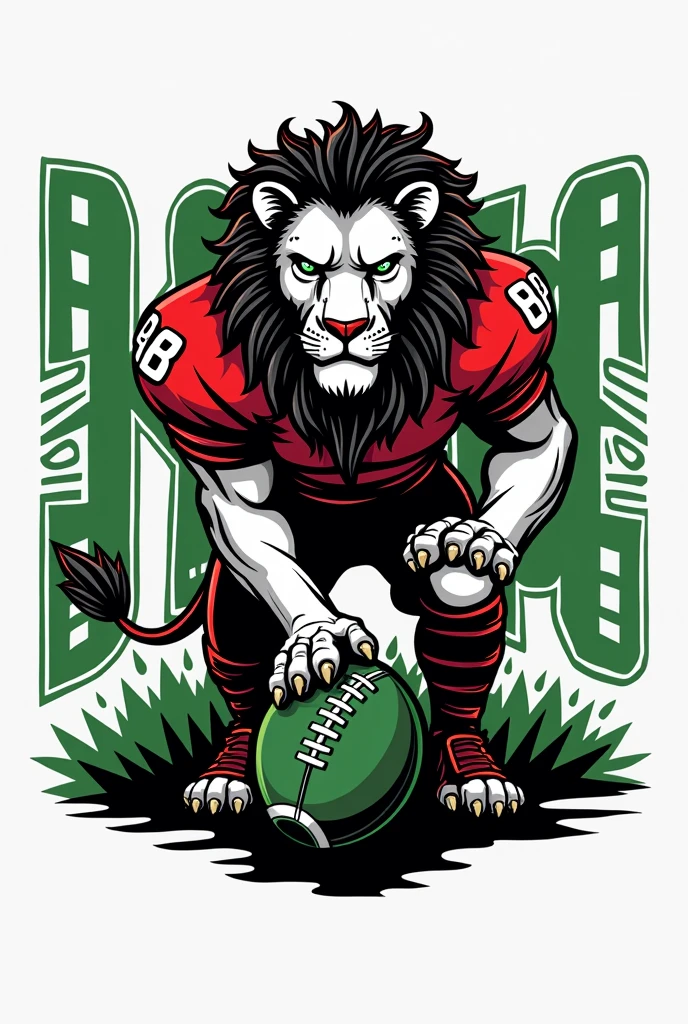 create a logo of a black and white lion with dreadlocks in red and green colors head standing and stepping on a football dressed in a football team uniform in red and green colors without shield and logo and the name BABA UNIÃO very large on the side surrounding the image