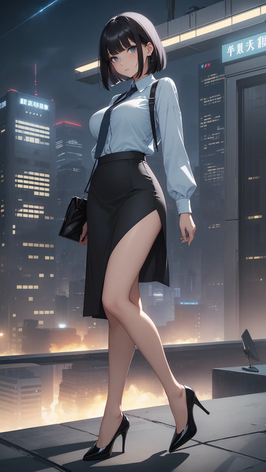 Highest quality, flying debris、Beautiful woman、office lady、Black Hair、(Dark blue eyes、Blunt bangs)、short hair、new employee,whole bodyショット、Female office lady、break(Light blue collarless shirt、black pencil long skirt:1.2)、(black tights、High heels)、break(Modern Office、Night view:1.3)、(((whole body)))、Big Breasts