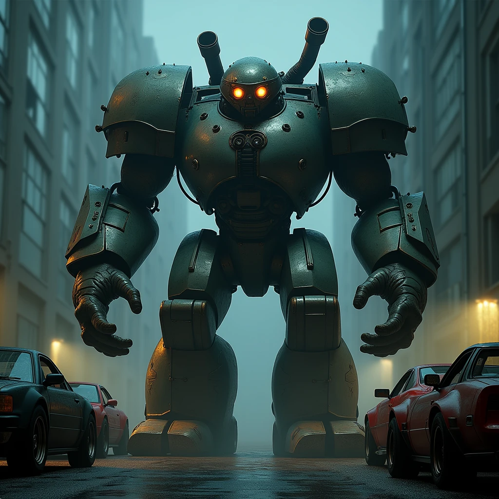 A massive, golem-like creature made of car parts, standing menacingly in a dark parking lot. The creature's body is covered in metallic armor, with glowing headlights for eyes and exhaust pipes as arms. The environment is filled with other parked cars, adding to the creature's camouflage. The atmosphere is tense and dark, with shadows playing across the scene.