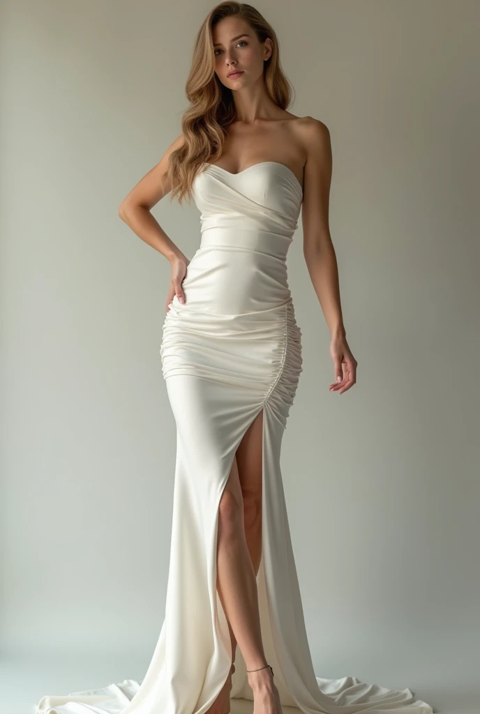 Jennifer lawrence woman, 25, long light brown wavy hair side hairstyle, very Big bust, posing from Side in fullbody, Very open and sleeveless white strapless dress, white Tight round skirt, high heels, detailed face