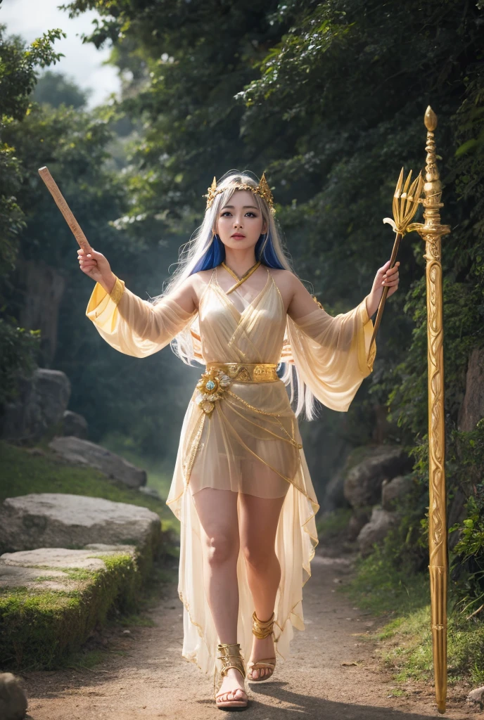 The goddess of thunder appeared with a clap of thunder、Ramu、Golden sheer dress、Holding a walking stick in his hand