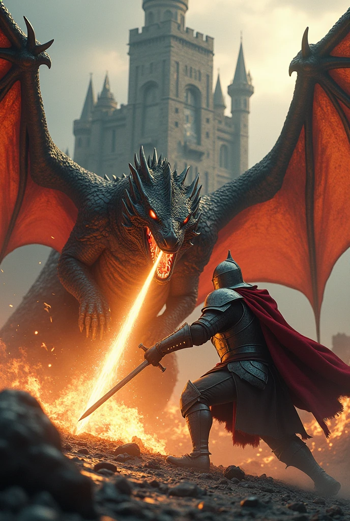 A medieval dragon battling a knight, epic fight, castle in the background, 8K