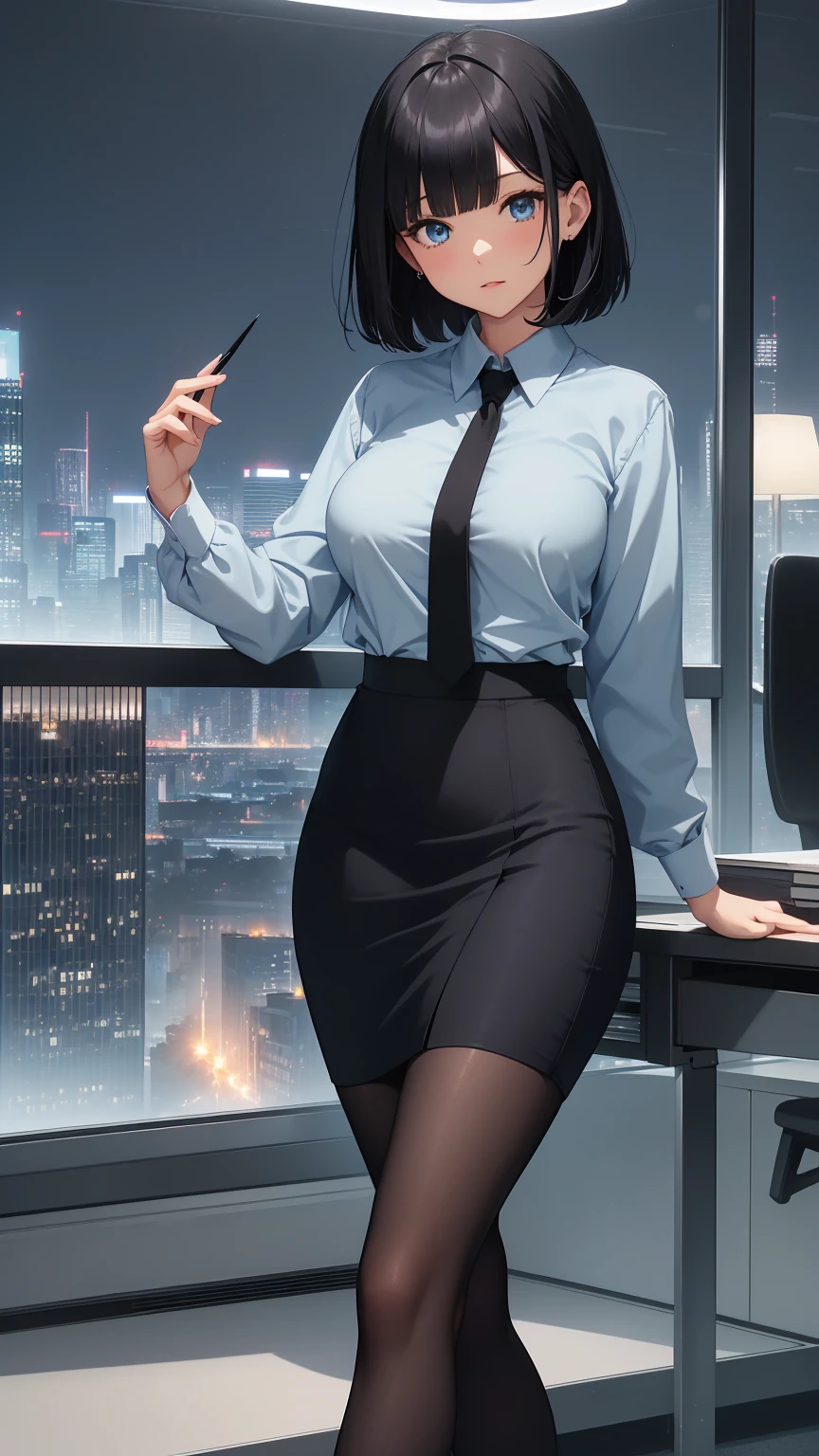 Highest quality, flying debris、Beautiful woman、office lady、Black Hair、(Dark blue eyes、Blunt bangs)、short hair、new employee,whole bodyショット、Female office lady、break(Light blue collarless shirt、black pencil long skirt:1.2)、(black tights、High heels)、break(Modern Office、Night view:1.3)、(((whole body)))、Big Breasts