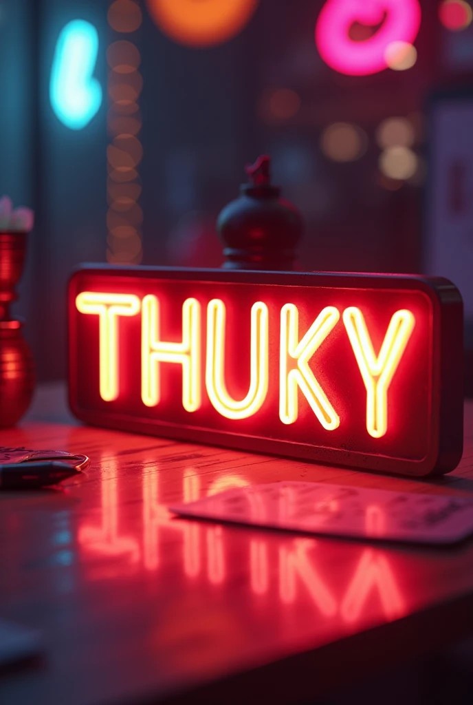 a close up of a neon sign that says THUKY on a table pen in table, 8 k cg render, blender 3 d 8 k, 8 k blender render, in game style 8k, 8 k volumetric lighting, background artwork, 8k highly detailed ❤️🔥 🔥 💀 🤖 🚀, 8 k backlit, 8 k highly detailed ❤🔥 🔥 💀 🤖 🚀