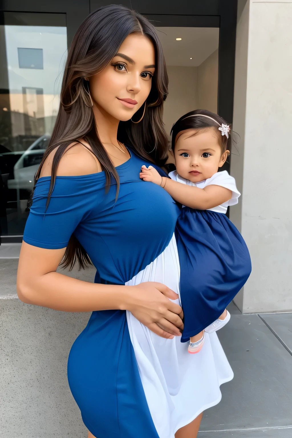 cute beautiful hot super bowl girl with pregnant with beautiful face with different stylish long hair with his 4 years ylish modern mixed colour modern sexy dress with cute oic