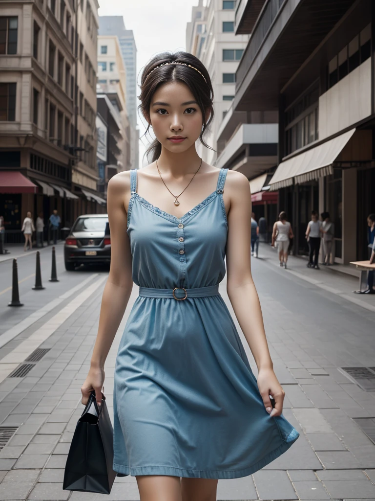 The chest is visible,With a paper bag in each hand,ボディコンdress,最high quality, masterpiece, High resolution, Two people,dress, hair accessory, necklace, jewelry, Beautiful Face, On the body, Tyndall effect, Realistic, Walking down the street, (Skin with attention to detail: 1.2), 8k UHD, Digital SLR, high quality, Frank, photograph, High resolution, 4K, 8k,