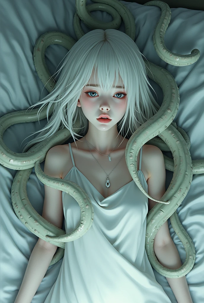 Japanese anime style，A little bit of realism，White-haired girl，Wear white，On the bed，Entangled and inserted by tentacles
