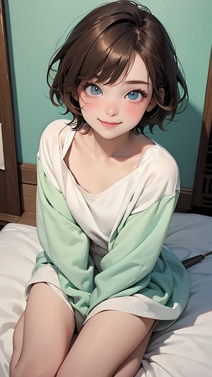 top quality, Pastel painting, depraved Tender atmosphere, 1 girl and 1 boy, Cute, smile happily, brown short hair of different colors,,, Blue-eyed, green eyed, ((Absolutely no clothes:1,6)), child's face, ((naked)), I look at the viewer, Bottom view, Without underwear, world, without panties caress each other, legs apart, the boy has an erection, in the bedroom on the floor