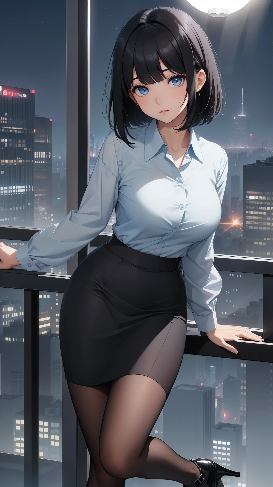 long black hair tied into a bun, emerald eyes, 36 years old, 32F breasts, small futanari bulge, city at night, fully clothed, white button up shirt, tight black skirt, tall, milf, hourglass figure, plump ass, toned body, expressive eyes, seductive, alone, pantyhose, looking away