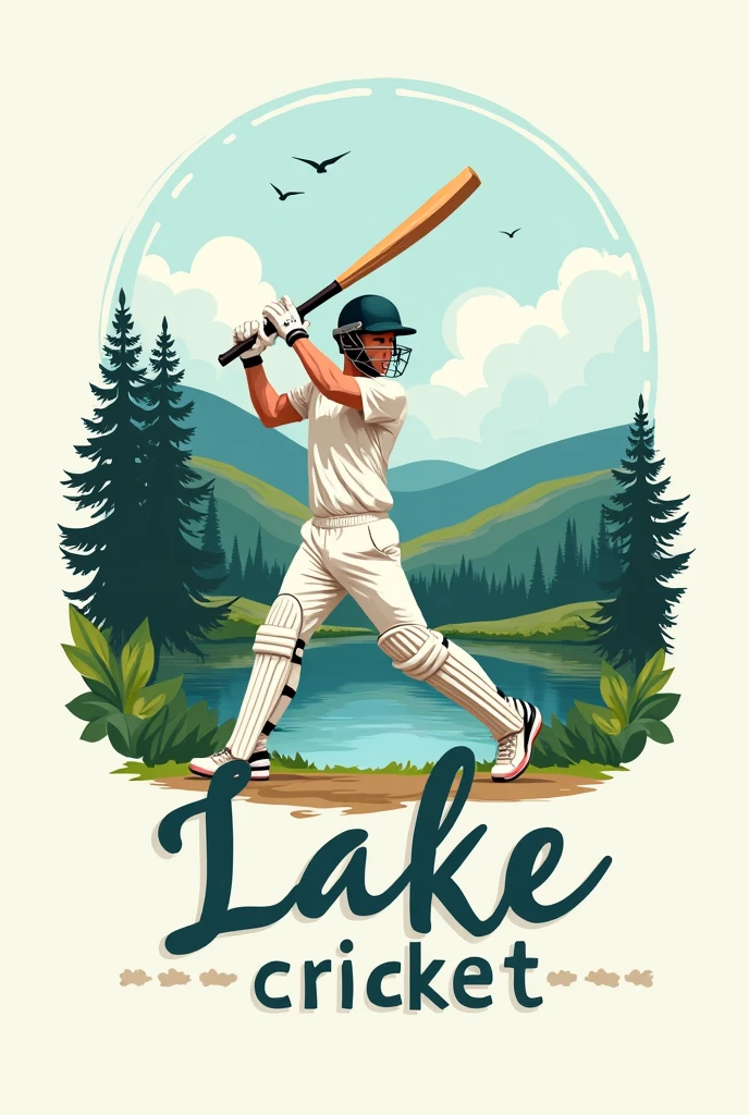 A logo which describes lake cricket  and also add the word " lake cricket" in different fonts and add a cover drive pose