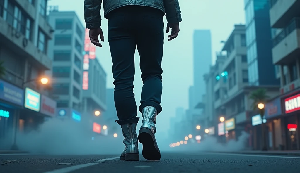 Close camera shot to the boot of Asia male walking on the street of cyberpunk Saigon city, wearing a silver tech vest. Gray city, deserted streets, skyscrapers with sparkling blue LED lights. Lighting: Gray tones with dim neon lights. Effects: Smoke and blue light running along the buildings. Special: Stifling and quiet atmosphere, city not activated.