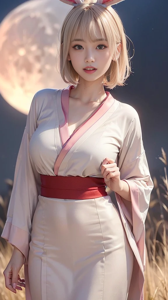 (Ultra high definition,Very sophisticated,Perfect Face, is 16,ghest quality,Realistic raw texture,Realistic,Natural smile,Pink platinum blonde,Sexy hairstyle:1.5),(Slender and exquisite physique,Stylish thin eyebrows,Big Breasts:1.2),(see through,Japanese clothing,Hanbok,Chinese clothing,Traditional Kimono,Long white bunny ears,I can see your chest:1.4),(perfect body,perfect proportion,The torso is short,Red full moon and silver grass background at night:1.3),