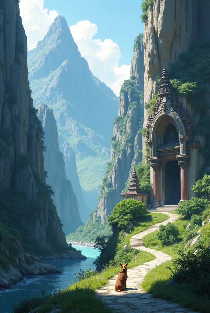 Mountain gorge, Road, there is a river flowing nearby, There is a beautiful temple carved into the rock next to the dog