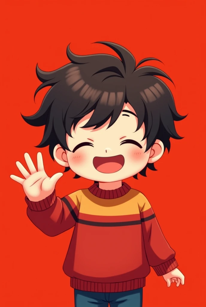 Create a anime boy who smiles and waves with his eyes closed. He has curly hair and a red stripe on his red sweater. Nexoo the background should be bright red.