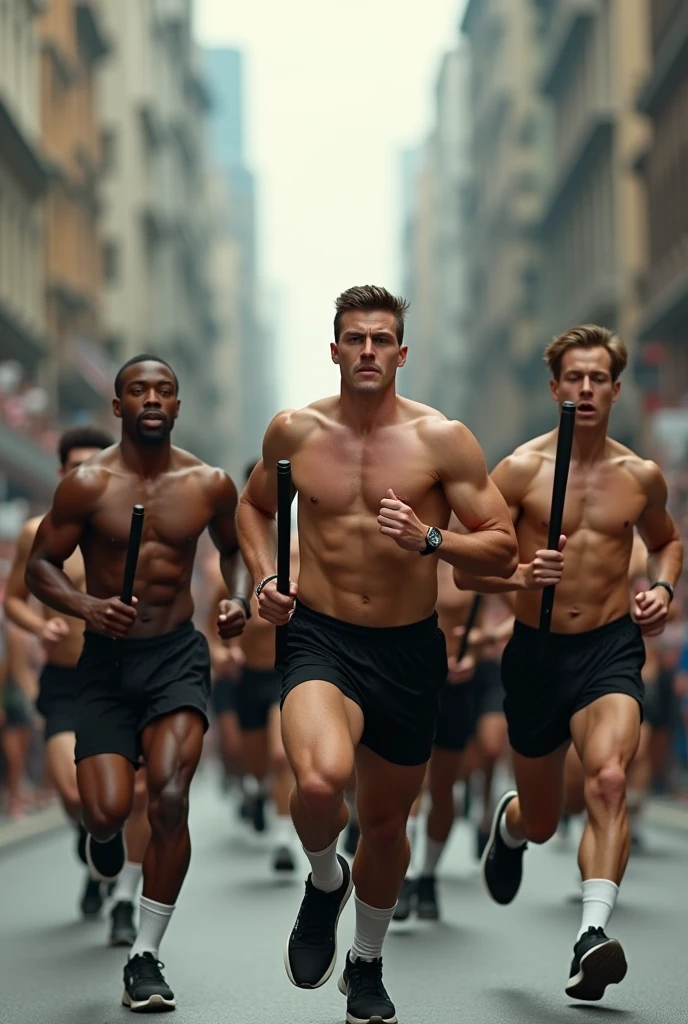 Mixed-race soldiers running shirtless, in black shorts, white socks and black sneakers, with military bracelet on the right arm, holding unlit black torches in their hands, in a marathon full of spectators on a street in a big city.