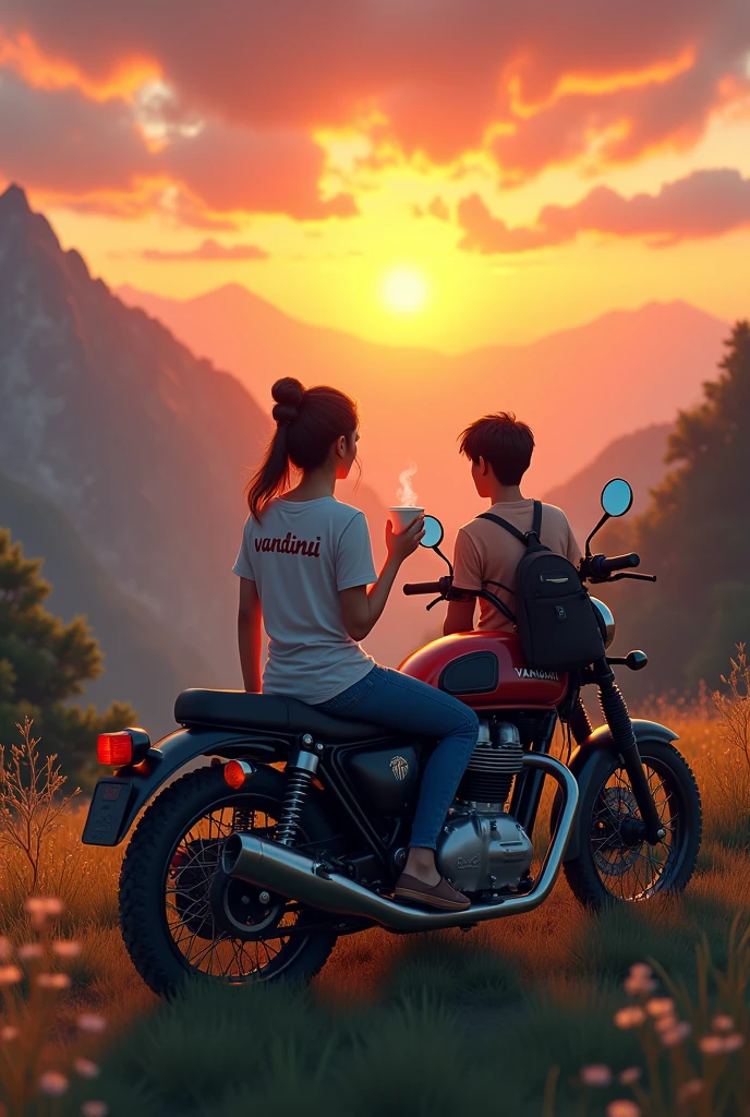 A 1 girl among the mountains and beautiful nature and she's wearing t shirt where is written "vandini" at her t shirt. She's taking coffee and watching a beautiful sunset by sitting on a royal enfield gt650 bike behind an 1 boy