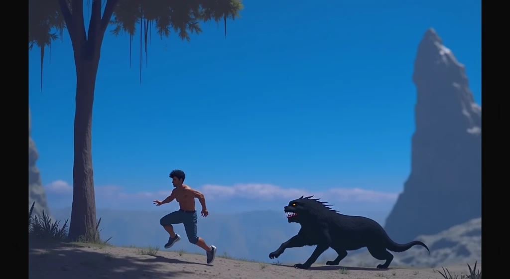 A man hunted by a wild black fur animal in an extraterrestrial world.