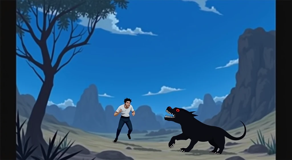 A man hunted by a wild black fur animal in an extraterrestrial world.