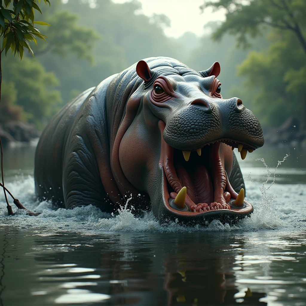 Hipopotam agresive in a river