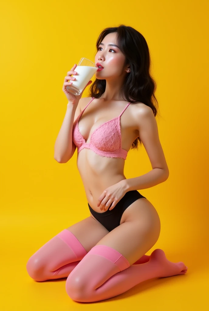 Ultra realistic photorealism attractive Chinese woman from the front with big breasts and big ass in pink bra and black panties with pink thigh high stockings 8k on her knees with yellow background drinking milk