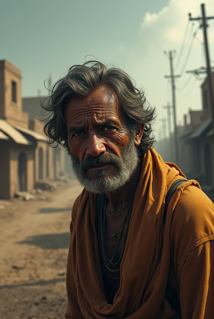 **Time passed, and Deepak left the fair. One day, a famine suddenly struck the village. People had no food, and Deepak’s condition worsened. His eyes were filled with despair and pain.**