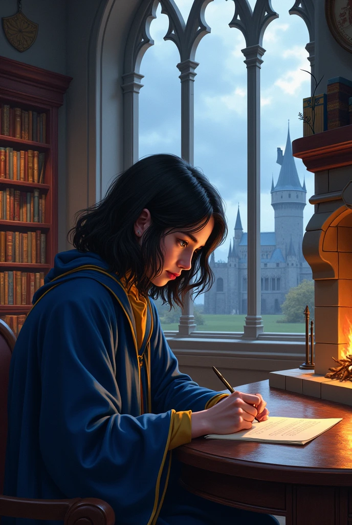 shoulder length hair ravenclaw student writing a letter looking out the common room window